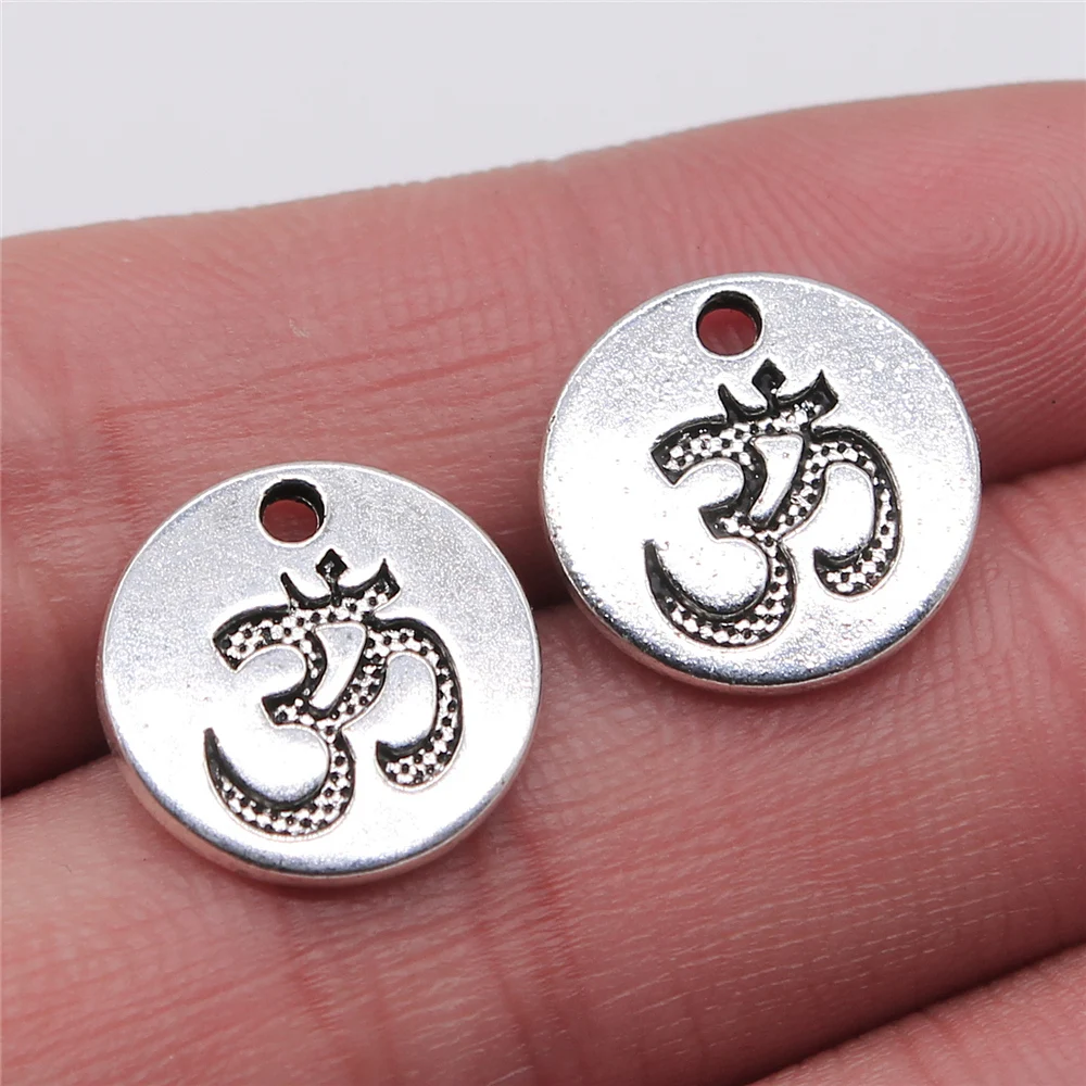 

120pcs 15x15mm Round Double-Sided Om Symbol Pendant Charms Wholesale Antique Silver Color Jewelry Findings For Jewelry Making