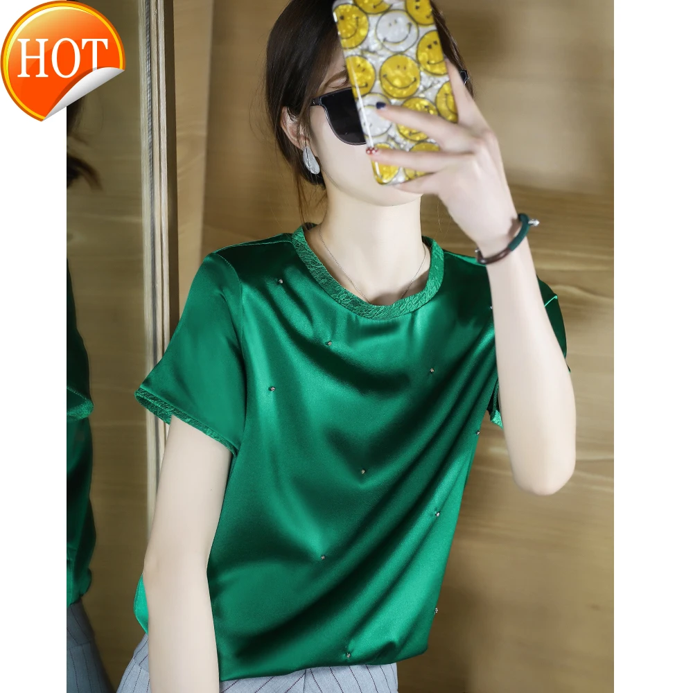 luxury Light high-end silk stretch short-sleeved T-shirt women's beaded diamond-encrusted dark green summer lace top
luxury Light high-end silk stretch short-sleeved T-shirt women's beaded diamond-encrusted dark green summer lace top