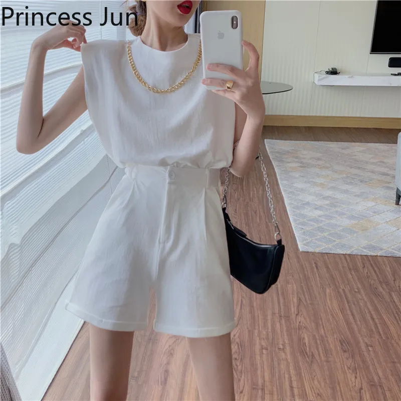 Women Summer Chic 2 Piece Sets Pads Shoulder Chain T Shirt Top+High Waist Wide Leg Shorts Casual Blue White 2pc Suits Outfits
Women Summer Chic 2 Piece Sets Pads Shoulder Chain T Shirt Top+High Waist Wide Leg Shorts Casual Blue White 2pc Suits Outfits