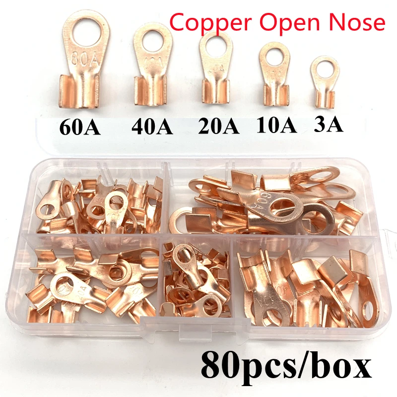 

80PCS/Box OT Type 3A 5A 10A 20A 30A 40A 50A 60A Wire Terminal Red Copper Bare Nose Lugs Crimp Open Mouth Cable Connector Splice