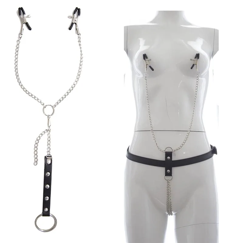 

Adult SM Fetish Chained Nipple Clamps with Metal Penis Ring Set Leather Strap Sub Role Play Sex Restraint Toy