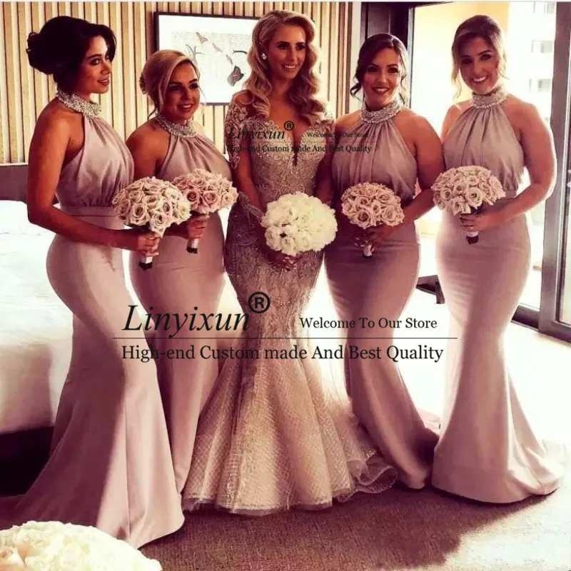 Halter Maid Of Honor Dresses Wear Beads Sequins Satin Country Mermaid Bridesmaid Dresses Long Sexy vestido madrinha
Halter Maid Of Honor Dresses Wear Beads Sequins Satin Country Mermaid Bridesmaid Dresses Long Sexy vestido madrinha