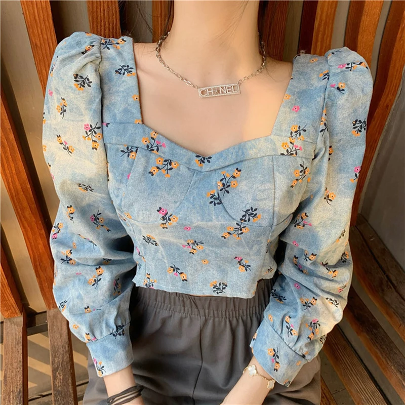 Vintage Print Square Neck Shirt Woman Fashion Slim Long Sleeve Short Denim Tops Autumn Crop Top Women
Vintage Print Square Neck Shirt Woman Fashion Slim Long Sleeve Short Denim Tops Autumn Crop Top Women