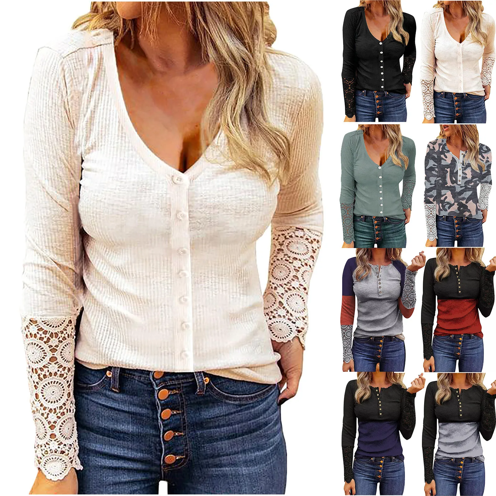 Women's Solid Color Long-sleeved V-neck Top Fashion Pullover Split Shirt Button Lace Stitching Button Top Sweater Футболка Оверс
Women's Solid Color Long-sleeved V-neck Top Fashion Pullover Split Shirt Button Lace Stitching Button Top Sweater Футболка Оверс