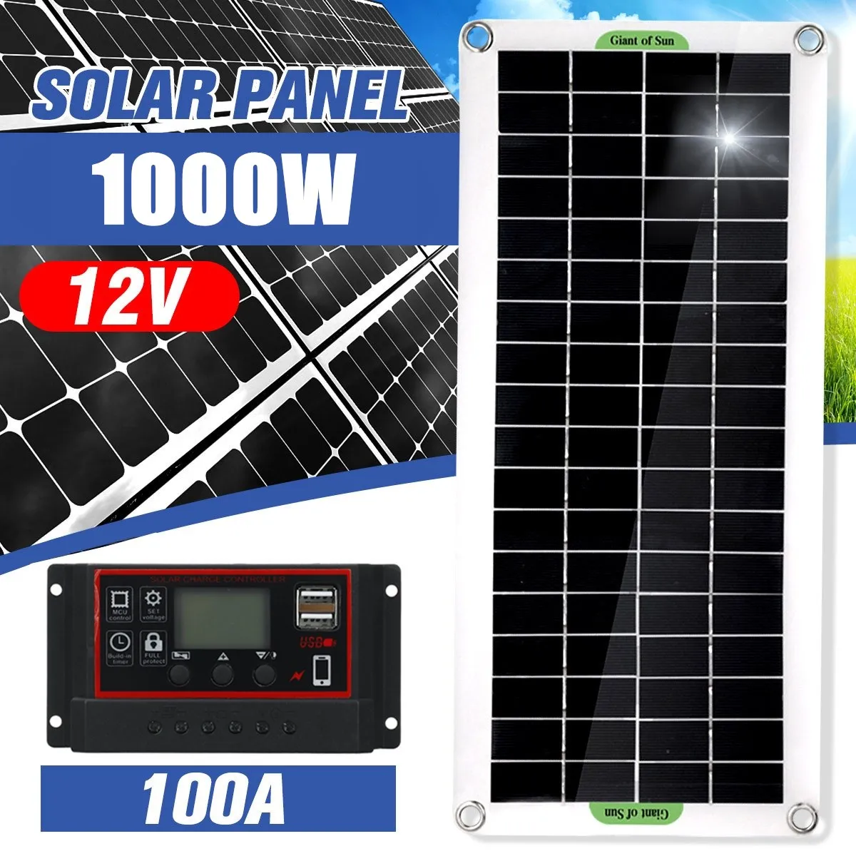 1000W Solar Panel 12V Cell 10A-100A Controller for Phone RV Car MP3 PAD Charger Outdoor Battery Supply | Электроника