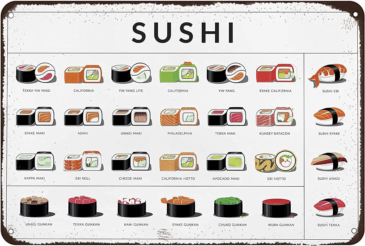 kegill Sushi Menu Tin Signs Metal Vintage Pub Wall Decor for Man Cave Bar Home Restaurants Cafes Office Gift Retro Posters
kegill Sushi Menu Tin Signs Metal Vintage Pub Wall Decor for Man Cave Bar Home Restaurants Cafes Office Gift Retro Posters