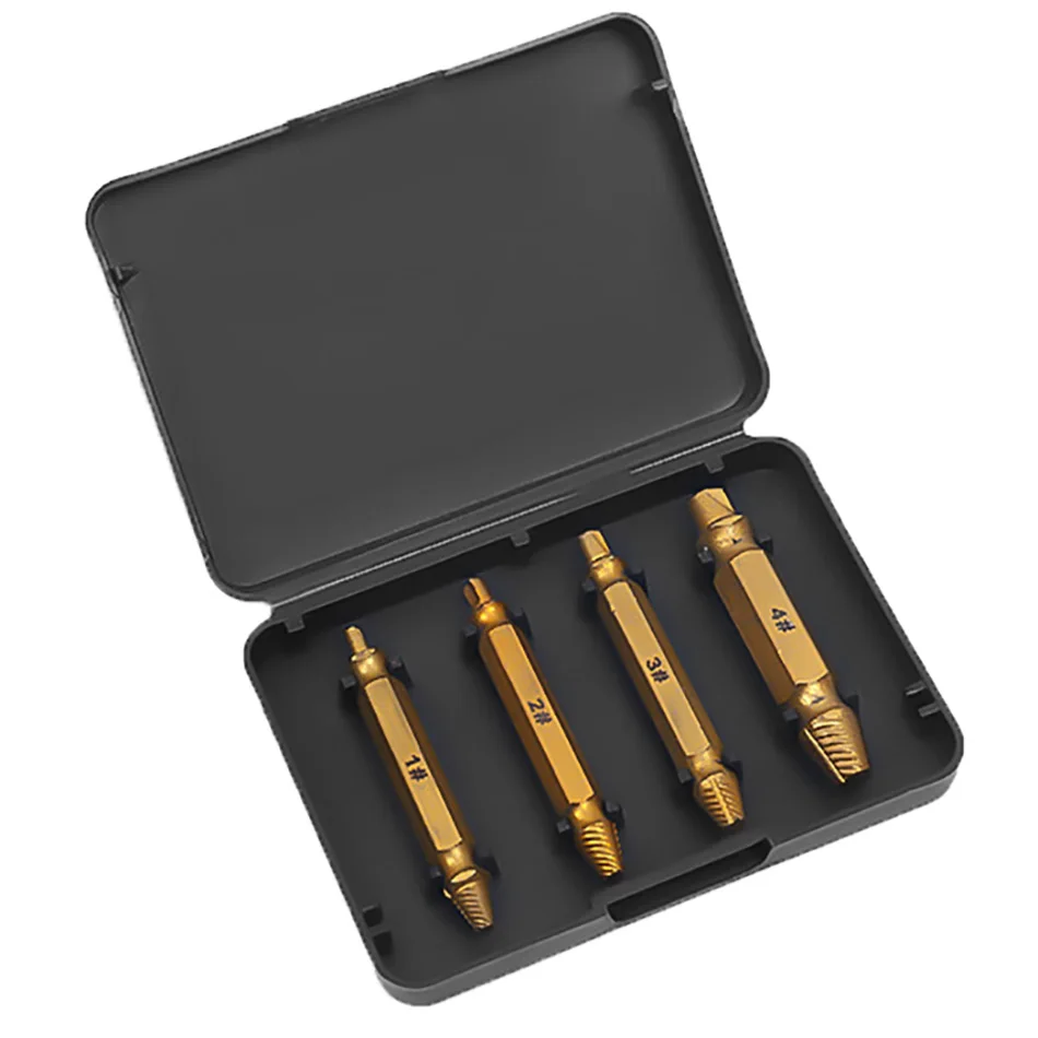 4pcs Double Side Drill Damaged Screw Extractor Bits Guide Set Broken Out Easy out Bolt Stud Stripped Remover Tool
4pcs Double Side Drill Damaged Screw Extractor Bits Guide Set Broken Out Easy out Bolt Stud Stripped Remover Tool