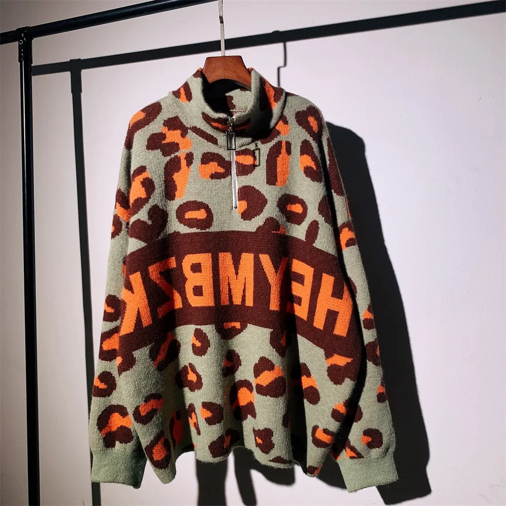 

Женский свитер с леопардовым принтом, свободное трикотажное пальто на молнии с воротником-стойкой, Осень-зима 2021