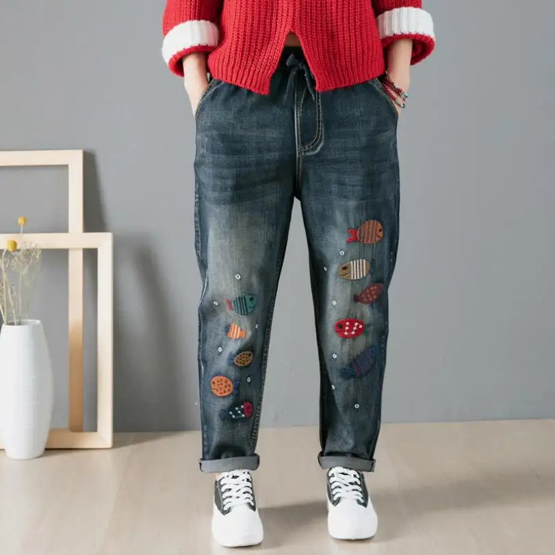 Spring Fall Vintage Cartoon Fish Embroidery Elastic Waist Denim Pants Women Harem Jeans Office Lady w2576
Spring Fall Vintage Cartoon Fish Embroidery Elastic Waist Denim Pants Women Harem Jeans Office Lady w2576