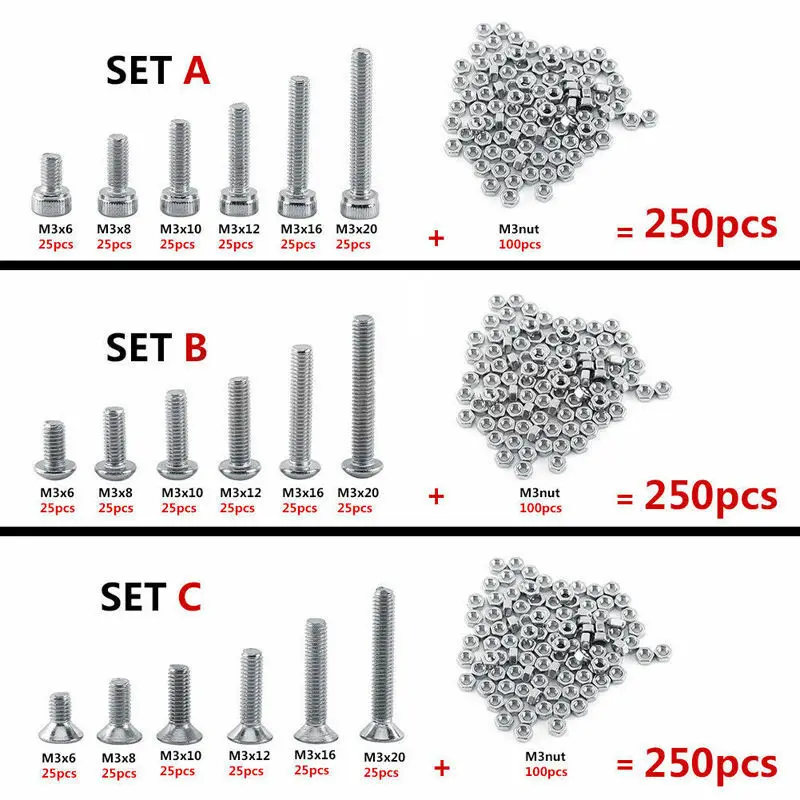 250pc/set A2 Stainles Steel M3 Cap/Button/Flat Head Screws Sets Hex Socket Bolt With Hex Nuts Assortment Kit
250pc/set A2 Stainles Steel M3 Cap/Button/Flat Head Screws Sets Hex Socket Bolt With Hex Nuts Assortment Kit