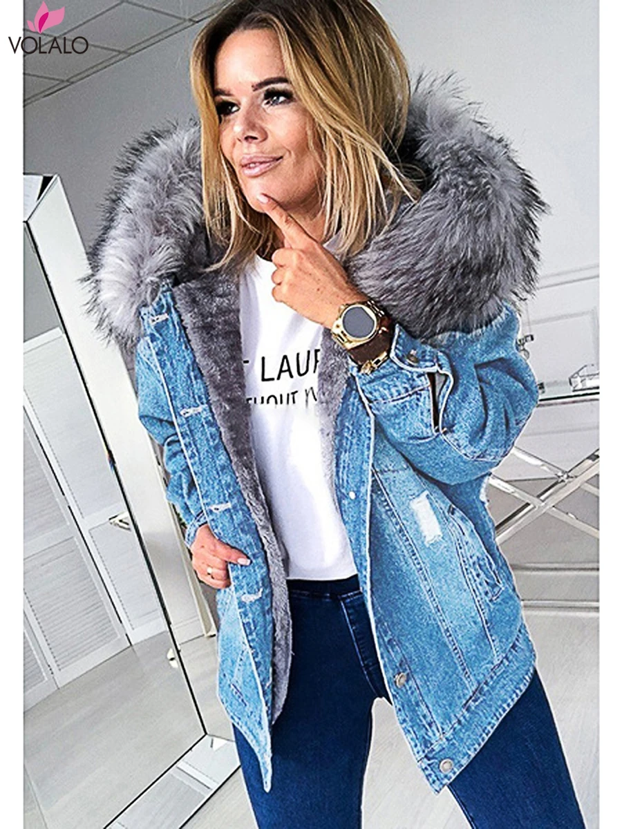 Women's Denim Jacket Warm Faux Fur Oversized Outerwear Hooded Female Clothing For Autumn Winter Button Down Long Sleeve Coat
Women's Denim Jacket Warm Faux Fur Oversized Outerwear Hooded Female Clothing For Autumn Winter Button Down Long Sleeve Coat