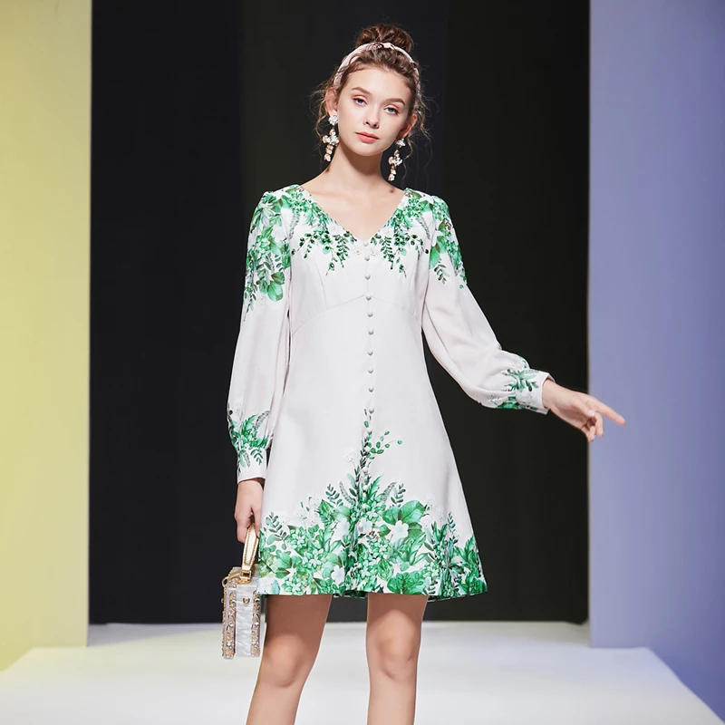Designer High Quality mini dress V-neck beading green print fashion beach casual spring new loose Women's dresses
Designer High Quality mini dress V-neck beading green print fashion beach casual spring new loose Women's dresses