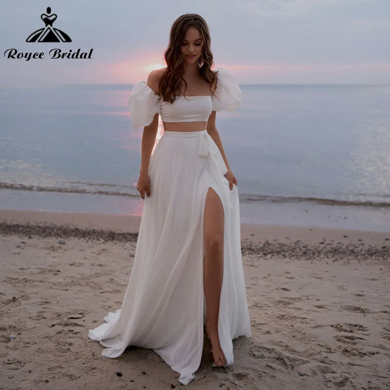 Beach Boho Two Pieces Off the Shoulder High Split Chiffon Puff Sleeve Wedding Dresses with Back Buttons A Line robe de mariée
Beach Boho Two Pieces Off the Shoulder High Split Chiffon Puff Sleeve Wedding Dresses with Back Buttons A Line robe de mariée