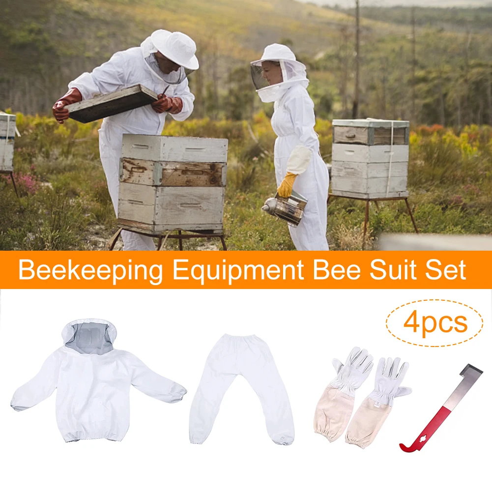 

4pcs Pants Beekeeping Equipment Hood Coverall Jacket Workwear Bee Suit Set Hat Protective With Veil Honeycomb Tool Gloves