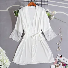 Soft Satin Material Lady Bath Gown Kimono Robe Casual Summer Short Nightgown Sleepwear Sexy Lace Intimate Lingerie Wedding Robe