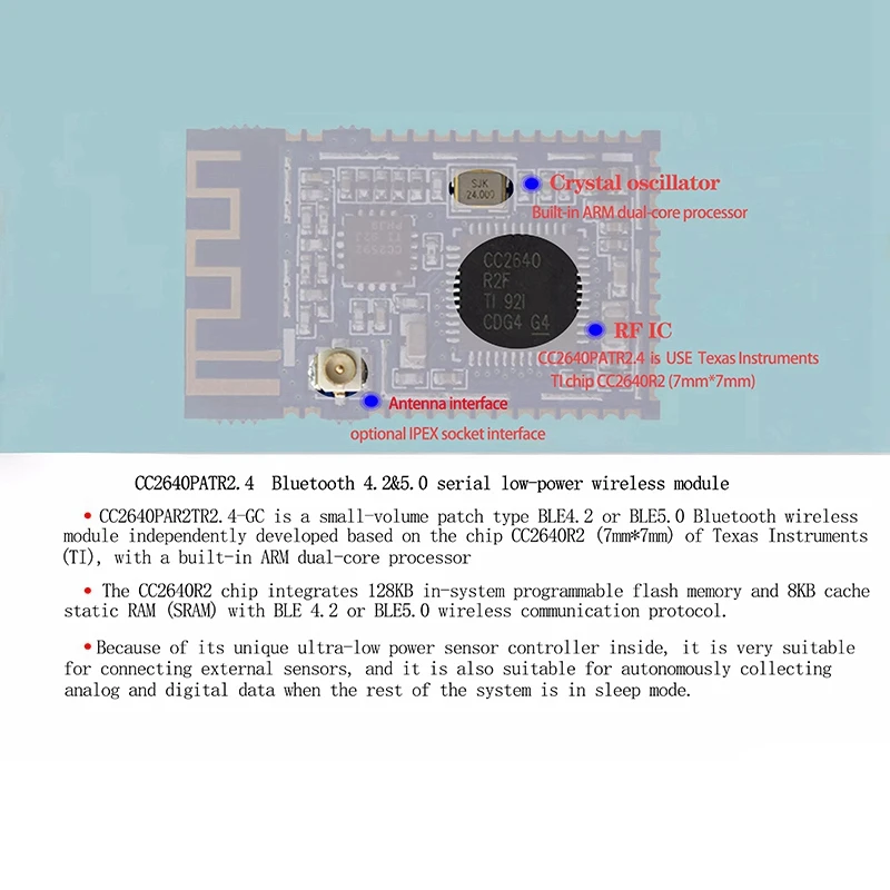 CC2640PA 2.4G Wireless Bluetooth 4.2&5.0 Low Power Transparent Transmission Bluetooth Module
CC2640PA 2.4G Wireless Bluetooth 4.2&5.0 Low Power Transparent Transmission Bluetooth Module