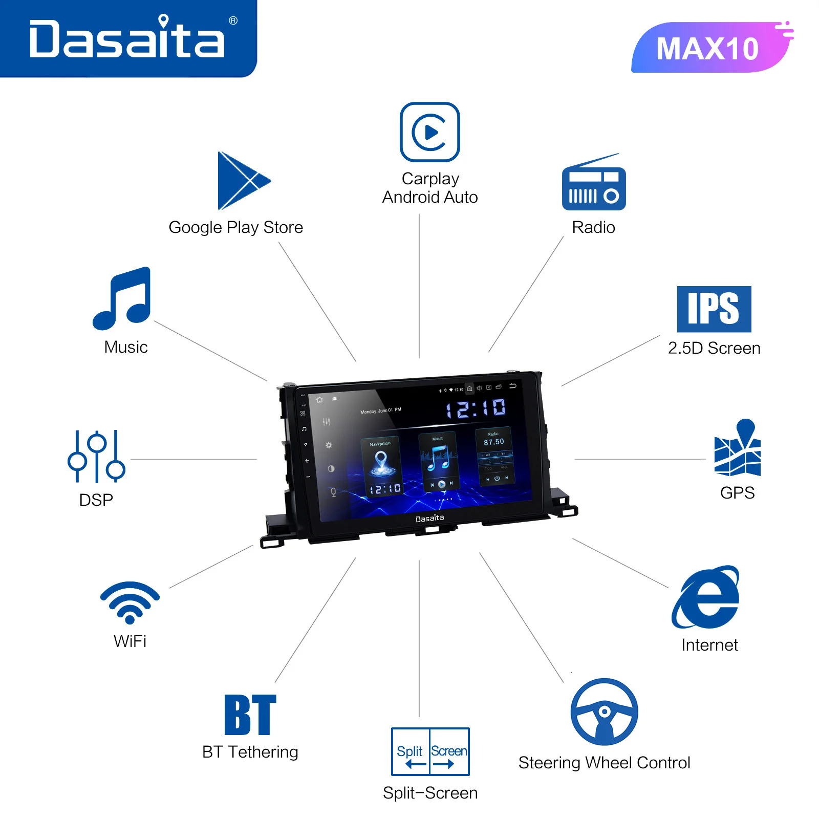 Dasaita Автомобильный мультимедийный 10 2 "HD сенсорный экран Android автомобиль для Toyota