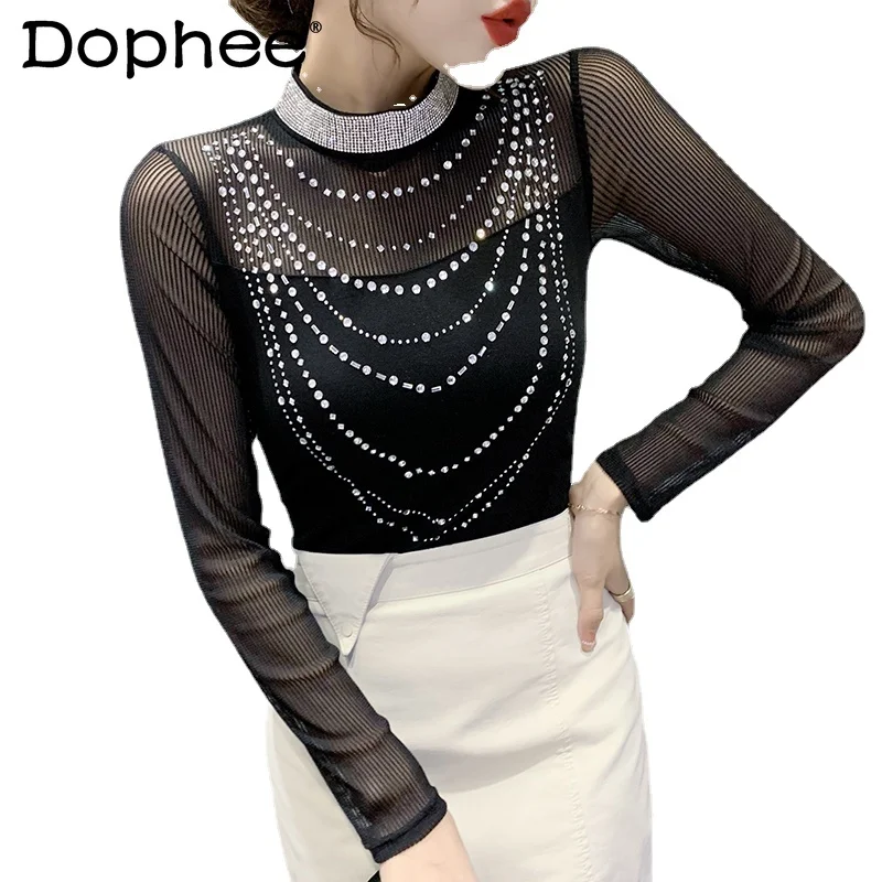 Stand Collar Long Sleeve Bottoming Shirt Fall 2021new Design Sense Mesh Rhinestone Top Slim Fit T-shirt for Women Tshirts
Stand Collar Long Sleeve Bottoming Shirt Fall 2021new Design Sense Mesh Rhinestone Top Slim Fit T-shirt for Women Tshirts