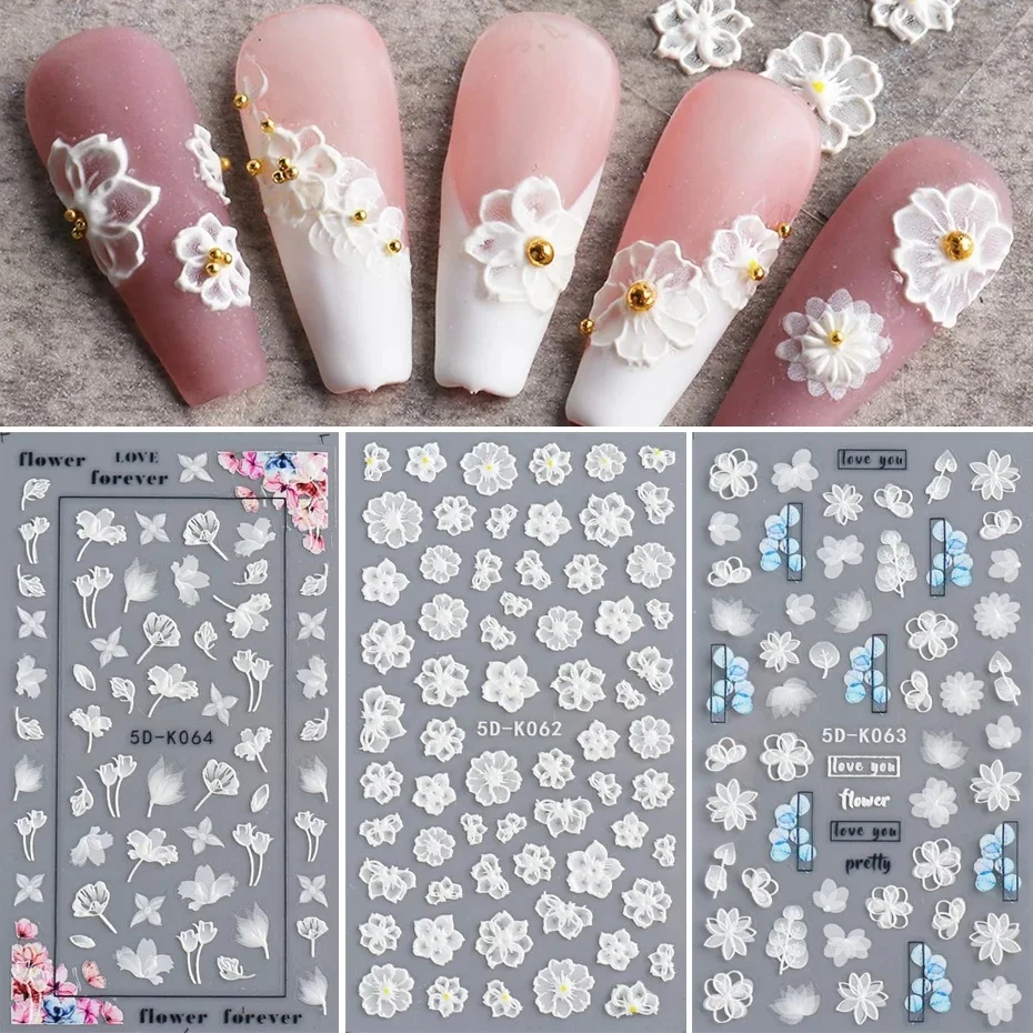 

1PCS 5D Nail Stickers Flowers Lace Gel Decals Acrylic Engraved Sliders Embossed Foils Manicure Nail Art Decorations