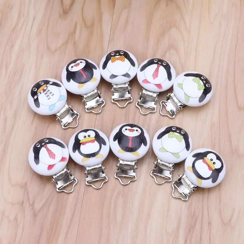 5Pcs Metal Wooden Baby Pacifier Clips Holders Cute Penguin Infant Soother Clasps Holders Accessories DIY Tool