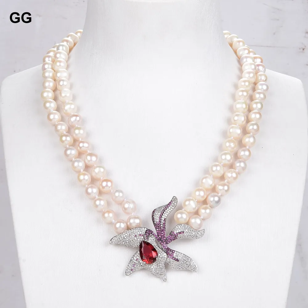 GG Jewelry 2 Rows 8.5mm Natural White Pearl Necklace Red Crystal CZ Flower Pendant For Women
GG Jewelry 2 Rows 8.5mm Natural White Pearl Necklace Red Crystal CZ Flower Pendant For Women