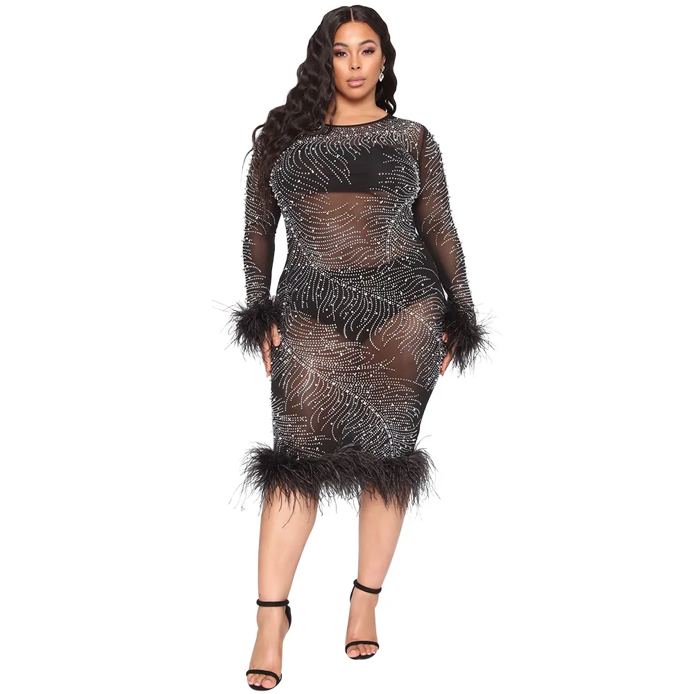 Elegant Sexy Black Evening Dresses for Women Feathers Trim Rhinestone Mesh Sheer Long Sleeve Bodycon Dress
Elegant Sexy Black Evening Dresses for Women Feathers Trim Rhinestone Mesh Sheer Long Sleeve Bodycon Dress