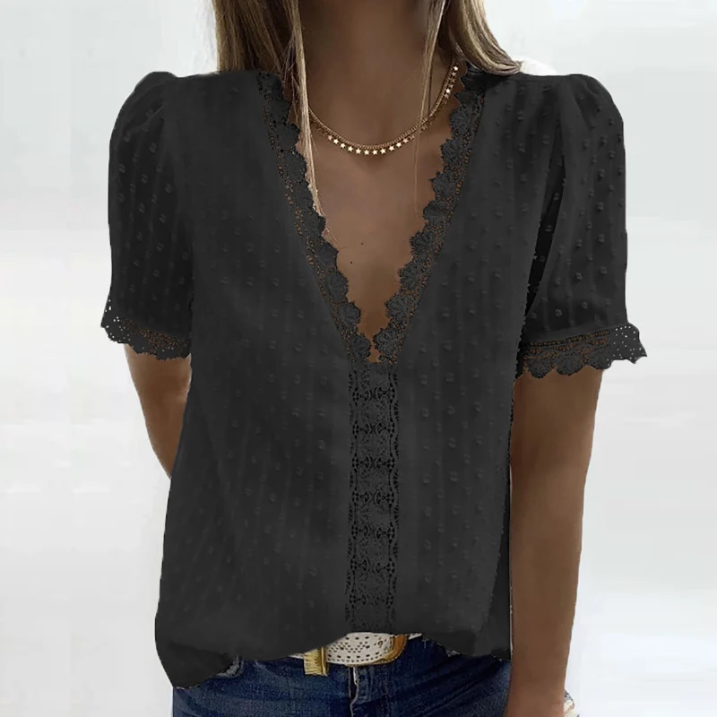 2021 Sexy V-Neck Lace Shirt Blouse Spring Summer Short Sleeve Ladies Shirt Casual Women Solid Pullover Tops Blusa Streetwear
2021 Sexy V-Neck Lace Shirt Blouse Spring Summer Short Sleeve Ladies Shirt Casual Women Solid Pullover Tops Blusa Streetwear