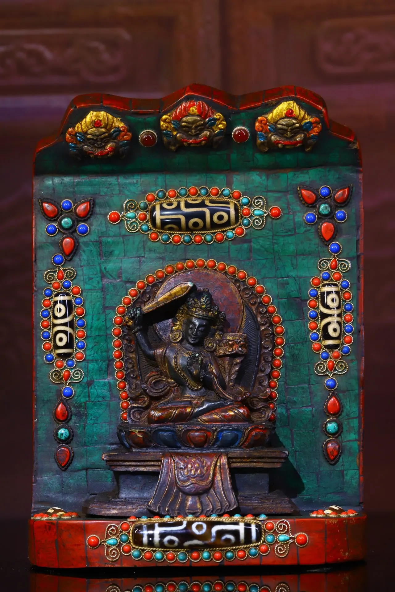 

9"Tibetan Temple Collection Old Bronze mosaic Gem Dzi Bead Turquoise Manjushri Bodhisattva Buddha Buddhist Niche Worship Hall