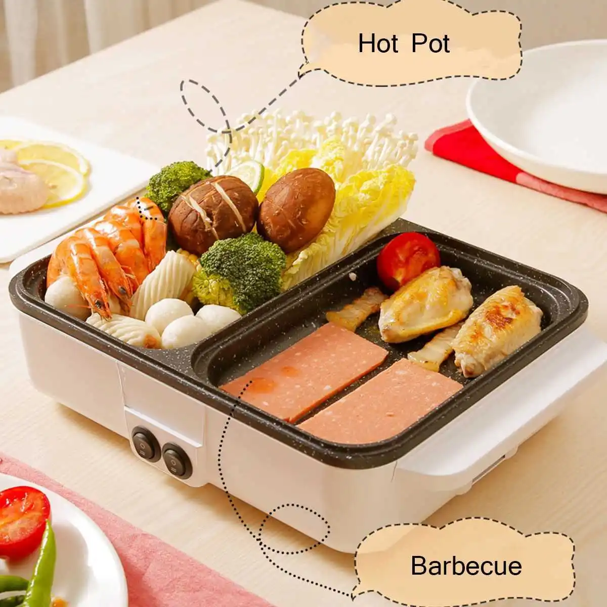 1200W 220V 2 in 1Mini Electric Cooking Pot Machine Multi Cooker Barbecue Pan Hot Pot Portable Non-Stick BBQ Heating Pan
1200W 220V 2 in 1Mini Electric Cooking Pot Machine Multi Cooker Barbecue Pan Hot Pot Portable Non-Stick BBQ Heating Pan