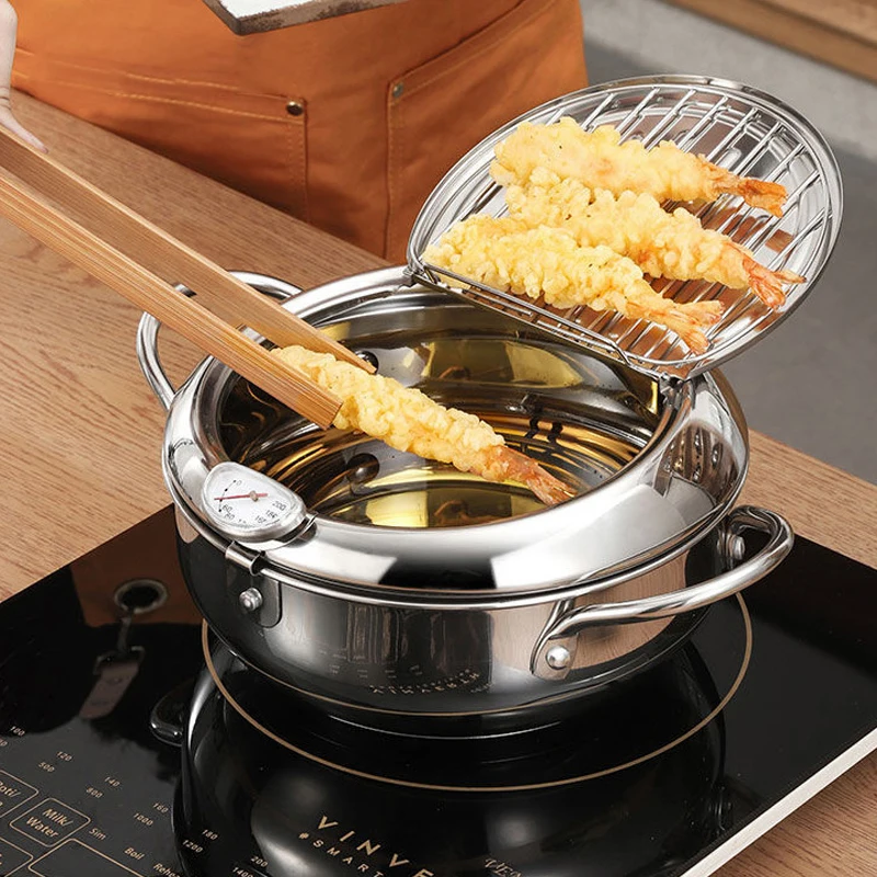 Japanese Style Kitchen Frying Pan Thermometer 304 Stainless Steel Tempura Decoct Pot With Lid Cooking Tools | Дом и сад