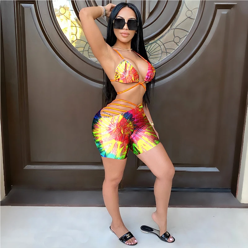 Beyprern Summer Tie Dye Swim Shorts Set Womens Laced Printed Crop Top And Shorts Set Two-Piece Suits Vacation Outfits Beachwear 
Beyprern Summer Tie Dye Swim Shorts Set Womens Laced Printed Crop Top And Shorts Set Two-Piece Suits Vacation Outfits Beachwear