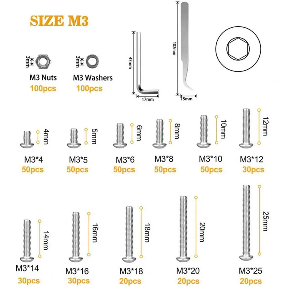 570pcs/Set M3 Screws Nuts Kits Set Stainless Steel Hex Head Socket Screws and Nuts Assortment+2 Hex Keys Fastener Hardware
570pcs/Set M3 Screws Nuts Kits Set Stainless Steel Hex Head Socket Screws and Nuts Assortment+2 Hex Keys Fastener Hardware