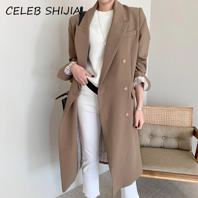 

SHIJIA New Khaki Elegant Trench Woman Long Jacket Double Breasted Full-sleeve Casual Korean Autumn Winter Long Coat Female 2021