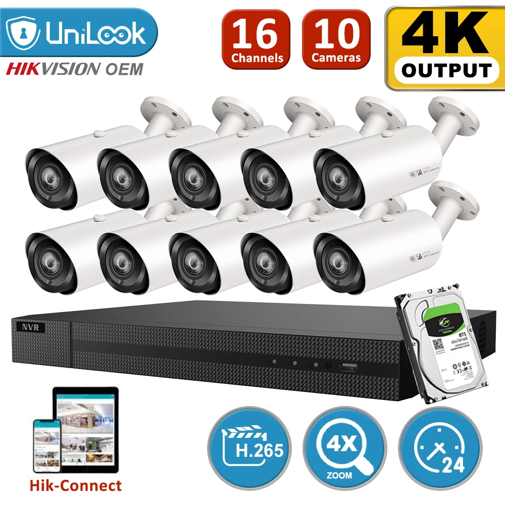UniLook 16CH NVR 10 шт. 4K 8MP Bullet POE IP камера комплект системы безопасности 2 8 12 мм объектив 4X