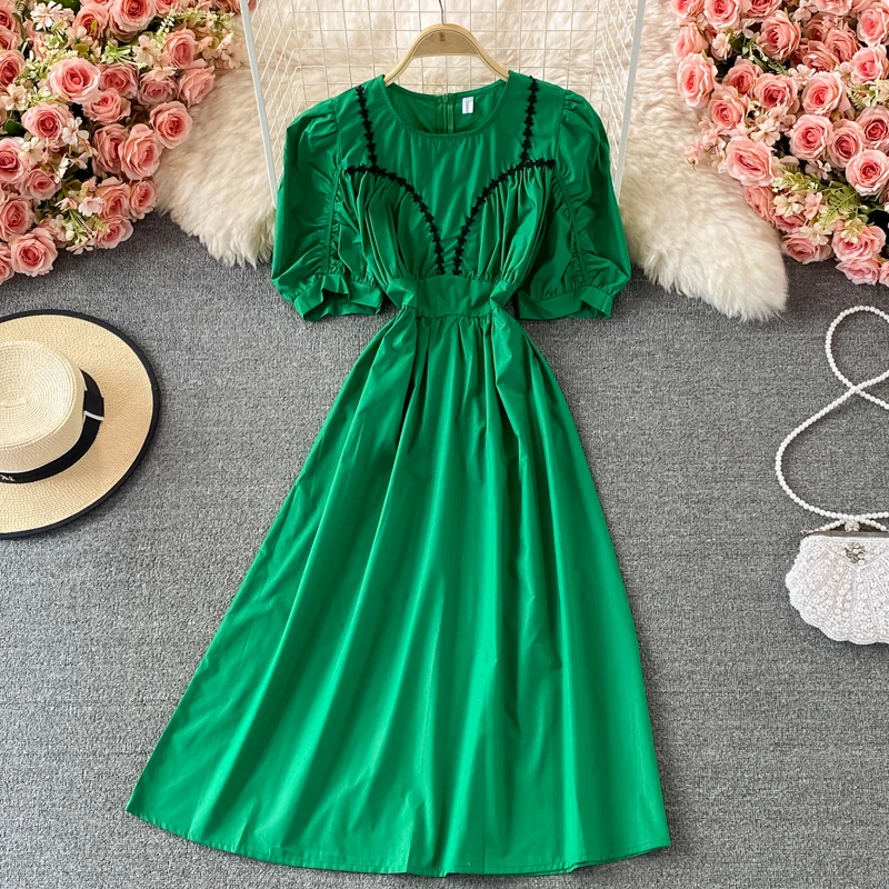 Korean Temperament Round Neck Pleated Big Hem Long Skirt Lace Crocheted Waist Thin Puff Sleeve Dresses
Korean Temperament Round Neck Pleated Big Hem Long Skirt Lace Crocheted Waist Thin Puff Sleeve Dresses