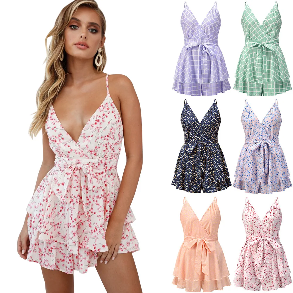 

Summer Print Playsuit For Women 2021Casual Bandage Cascading Ruffles V Neck Romper Strapless Jumpsuit Women Loose Beach Bodysuit