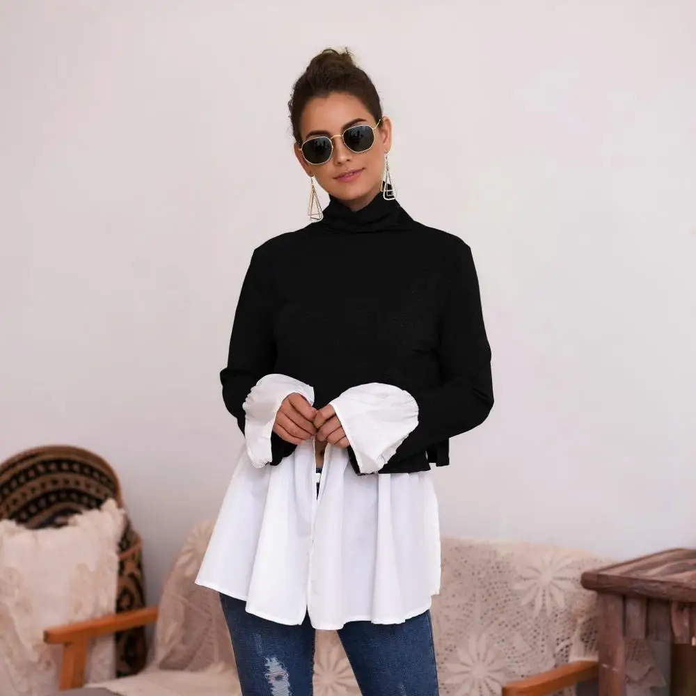 Fashion Ruffles Split Patchwork Blouse Shirts Women Turtleneck Flare Sleeve Pullovers Female Kawaii Women Tops Jumper
Fashion Ruffles Split Patchwork Blouse Shirts Women Turtleneck Flare Sleeve Pullovers Female Kawaii Women Tops Jumper