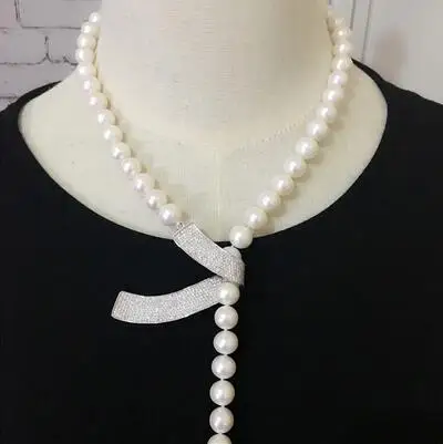 

Модное ожерелье с белым натуральным пресноводным жемчугом 9-10 мм, цепочка для свитера, аксессуары «сделай сам» с микроинкрустацией из циркония, модные украшения