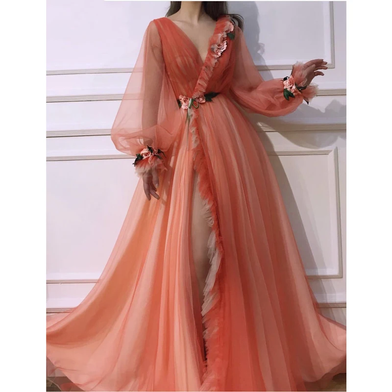 Coral Evening Dresses Sexy V-Neck A-Line Tulle High Slit Appliques Flowers Dubai Long Sleeve Prom Dress for Party Graduation
Coral Evening Dresses Sexy V-Neck A-Line Tulle High Slit Appliques Flowers Dubai Long Sleeve Prom Dress for Party Graduation