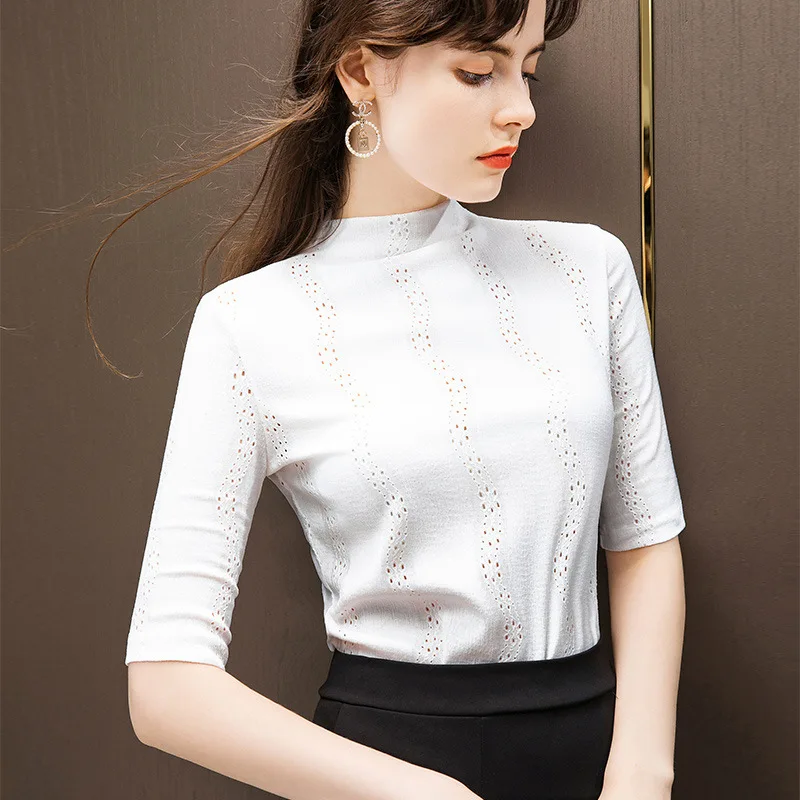 Half high necked lace bottomed shirt, women's middle sleeve with foreign style new small shirt, hollow out French retro 5-sleeve