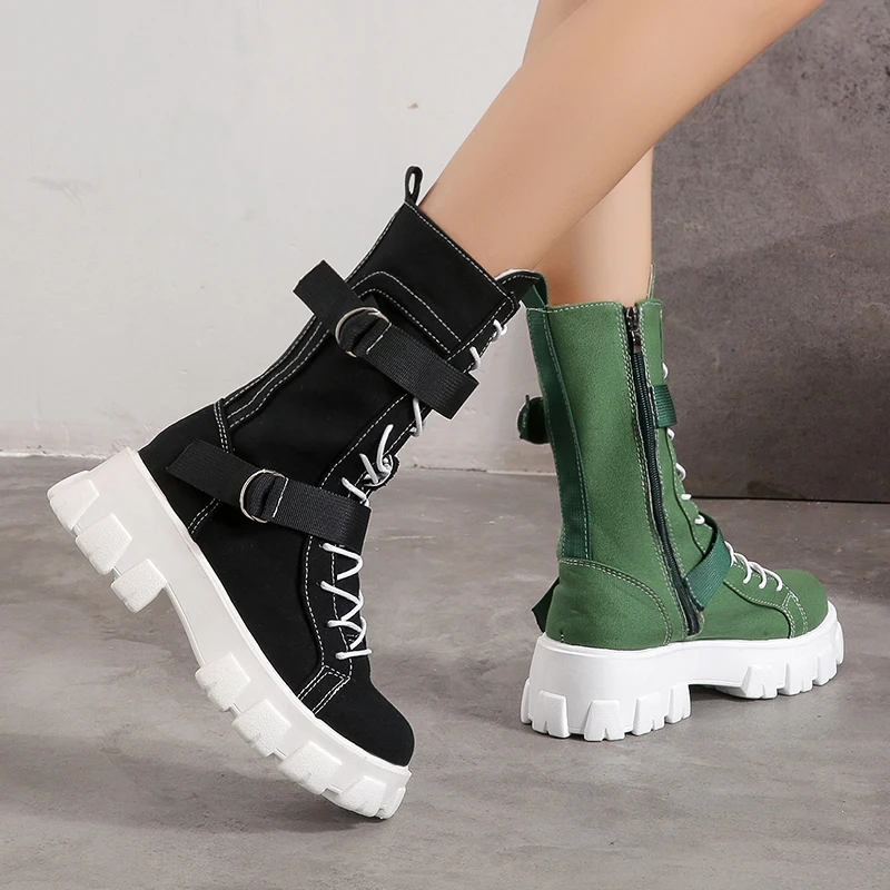 2021 Autumn Mid-calf Canvas Boots Women High Platform Gothic Shoes Lace Up Buckle Strap Designer Motorcycle Boots Black Green
2021 Autumn Mid-calf Canvas Boots Women High Platform Gothic Shoes Lace Up Buckle Strap Designer Motorcycle Boots Black Green