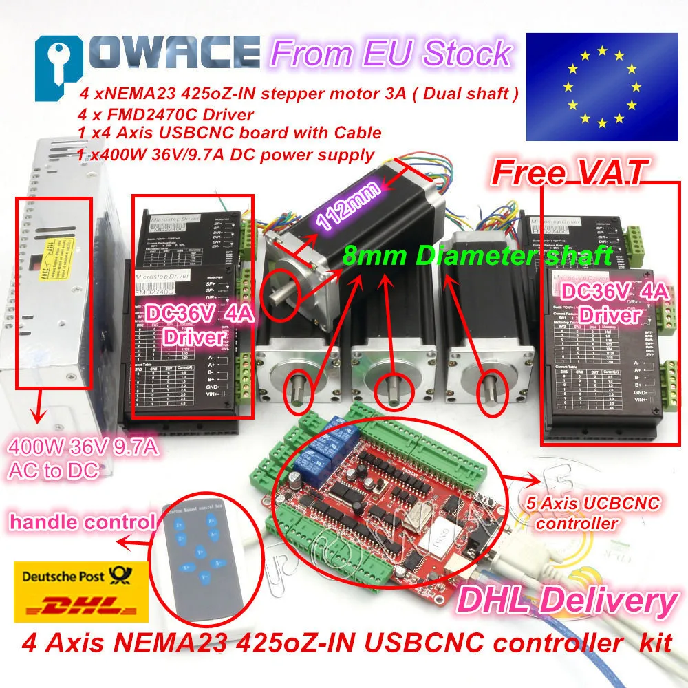 4 Axis Stepper Motor Controller kit USBCNC driver board Nema23 425oz-in,112mm,3A (Dual Shaft ) Engraving machine
4 Axis Stepper Motor Controller kit USBCNC driver board Nema23 425oz-in,112mm,3A (Dual Shaft ) Engraving machine
