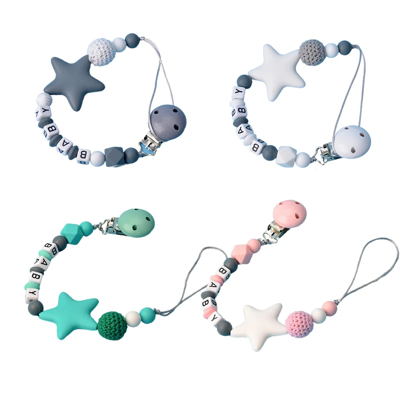 DEAREVERY Personalized Name Baby Pacifier Clips Five Star Silicone Beads Pacifier Chain Nipple Holder Baby Soother Teeth Chains
DEAREVERY Personalized Name Baby Pacifier Clips Five Star Silicone Beads Pacifier Chain Nipple Holder Baby Soother Teeth Chains