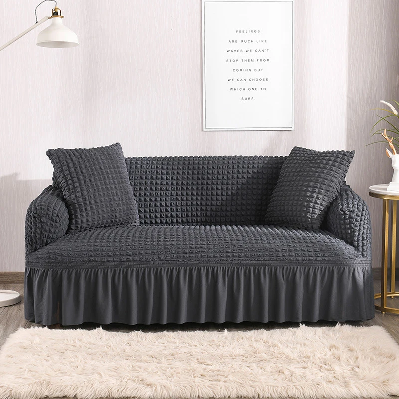 

Solid Color Elastic Seersucker Skirt Sofa Cover for Home Living Room Dustproof Slipcovers Stretch Sectional Corner Couch Cover