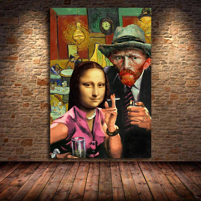 

Funny Mona Lisa and Van Gogh Smoking Canvas Paintings Posters Prints Da Vinci Famous Wall Art Cuadros for Living Room Unframed