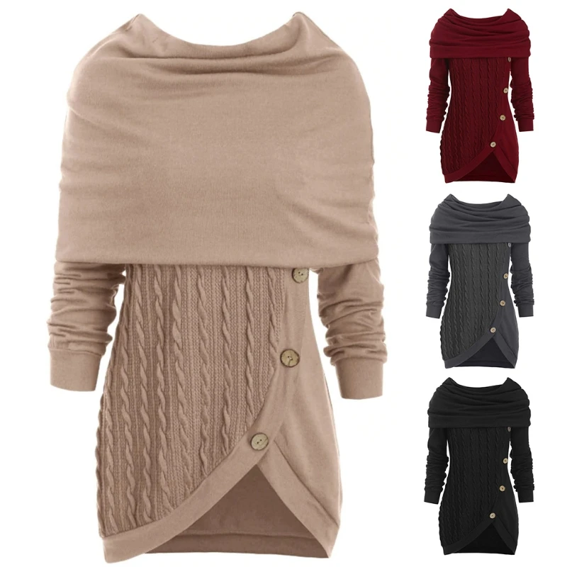 

Women Long Sleeve Hooded Cowl Neck Sweater Button Asymmetric Hem Pullover Tunic Top Solid Color Cable Knit Jumper Shirt