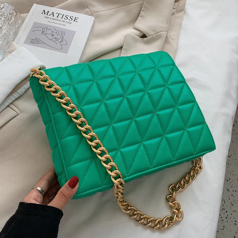 

Thick Chain PU Leather Crossbody Bags for Women 2021 Travel Trends Quilting Flap Shoulder Bag Female Purses and Handbags Green