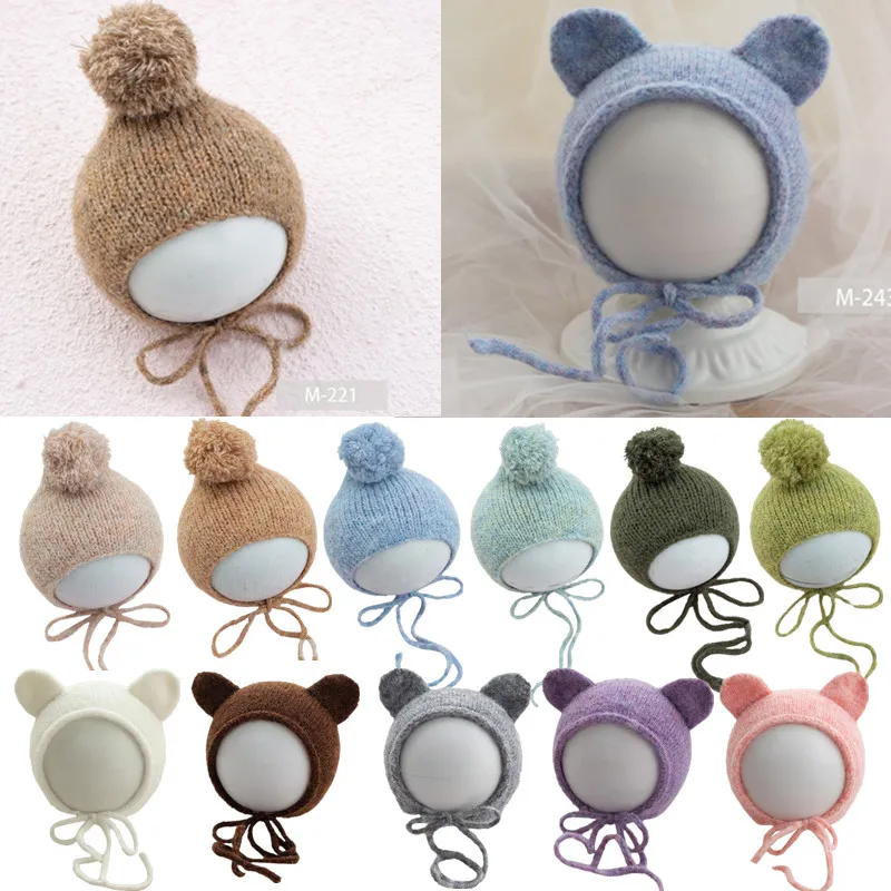 

Knitting Wool Baby Hat Cute Ear Handmade Crochet Beanie Cap Pom Ball Newborn Photography Props Bonnet for 0-3 Months Baby