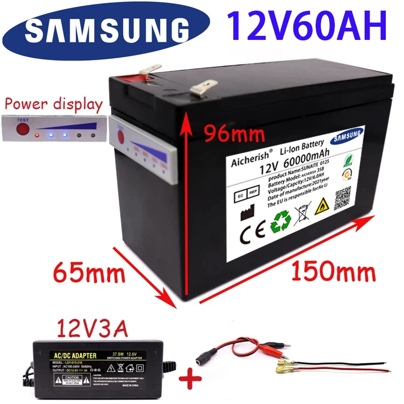 NEW 12V 60Ah 18650 Lithium Battery Pack 3S6P Built-In High Current 30A BMS For Sprayers Electric Vehicle Batterie 12.6V Charger
NEW 12V 60Ah 18650 Lithium Battery Pack 3S6P Built-In High Current 30A BMS For Sprayers Electric Vehicle Batterie 12.6V Charger