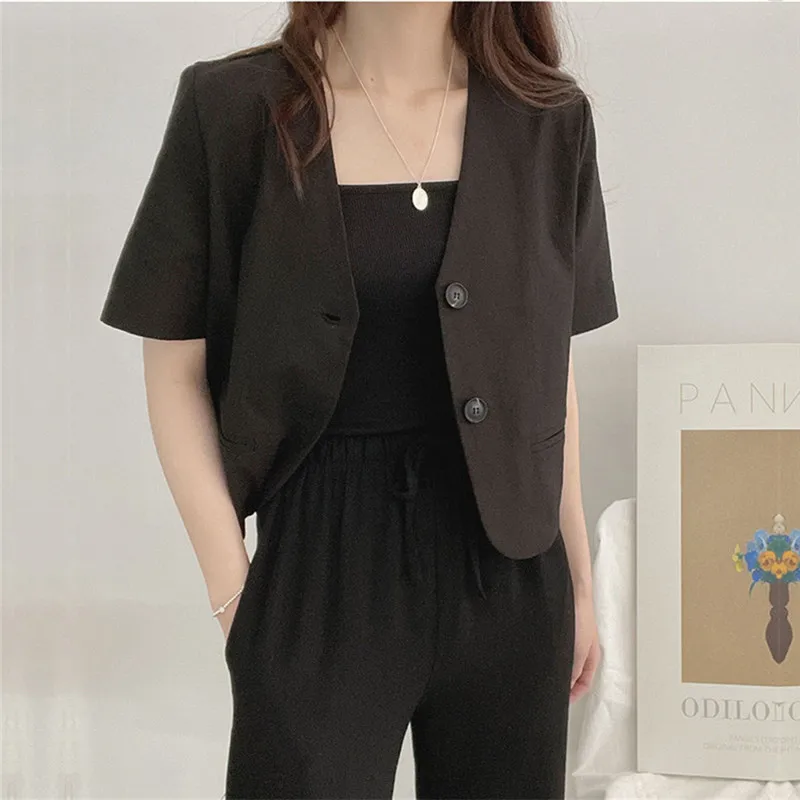 Cotton Linen Blazer Fresh Deep V-Neck Cotton Linen Casual Jacket Women 2021 Korean Two Buttons Short Sleeve Suit Jacket
